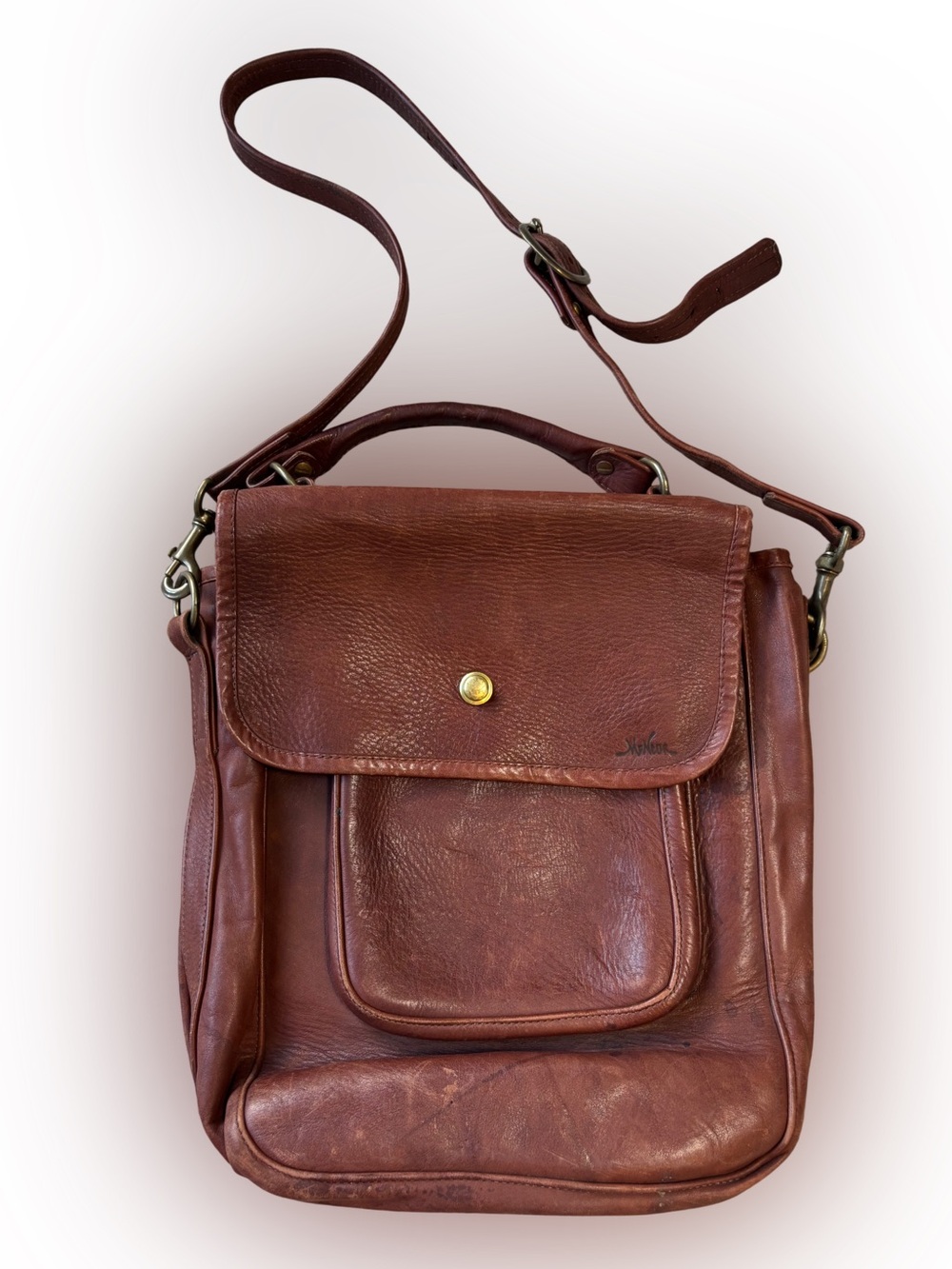 Vintage Leather Crossbody Messenger Bag Deep Cognac